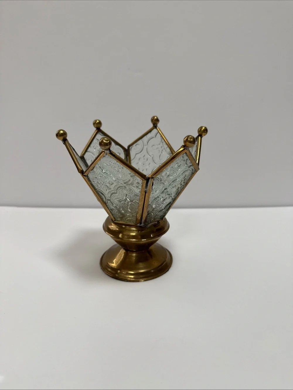 Vintage Crown Glass & Brass Decorative Votive Holder - Gold & Clear India fairy